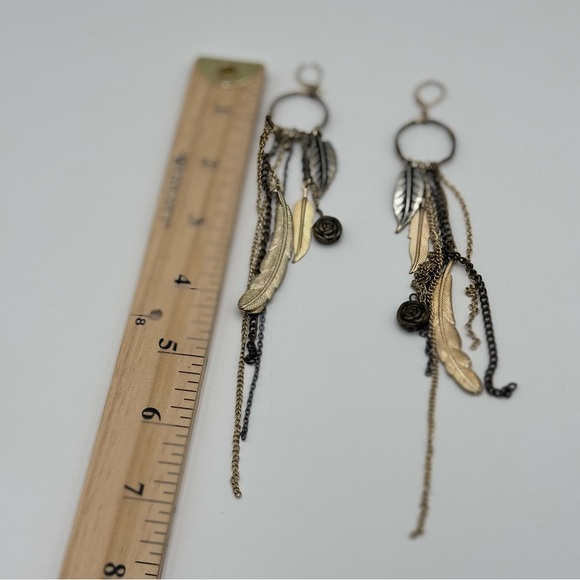 Vintage Style Rose & Feather Chain Drop Earrings Boho Statement Accessory - Picture 6 of 6